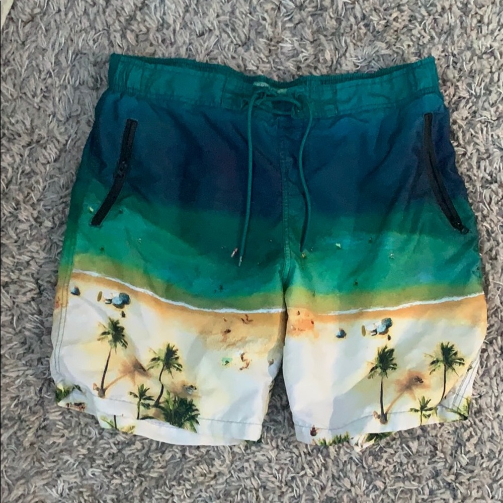beach print men’s swim trunks